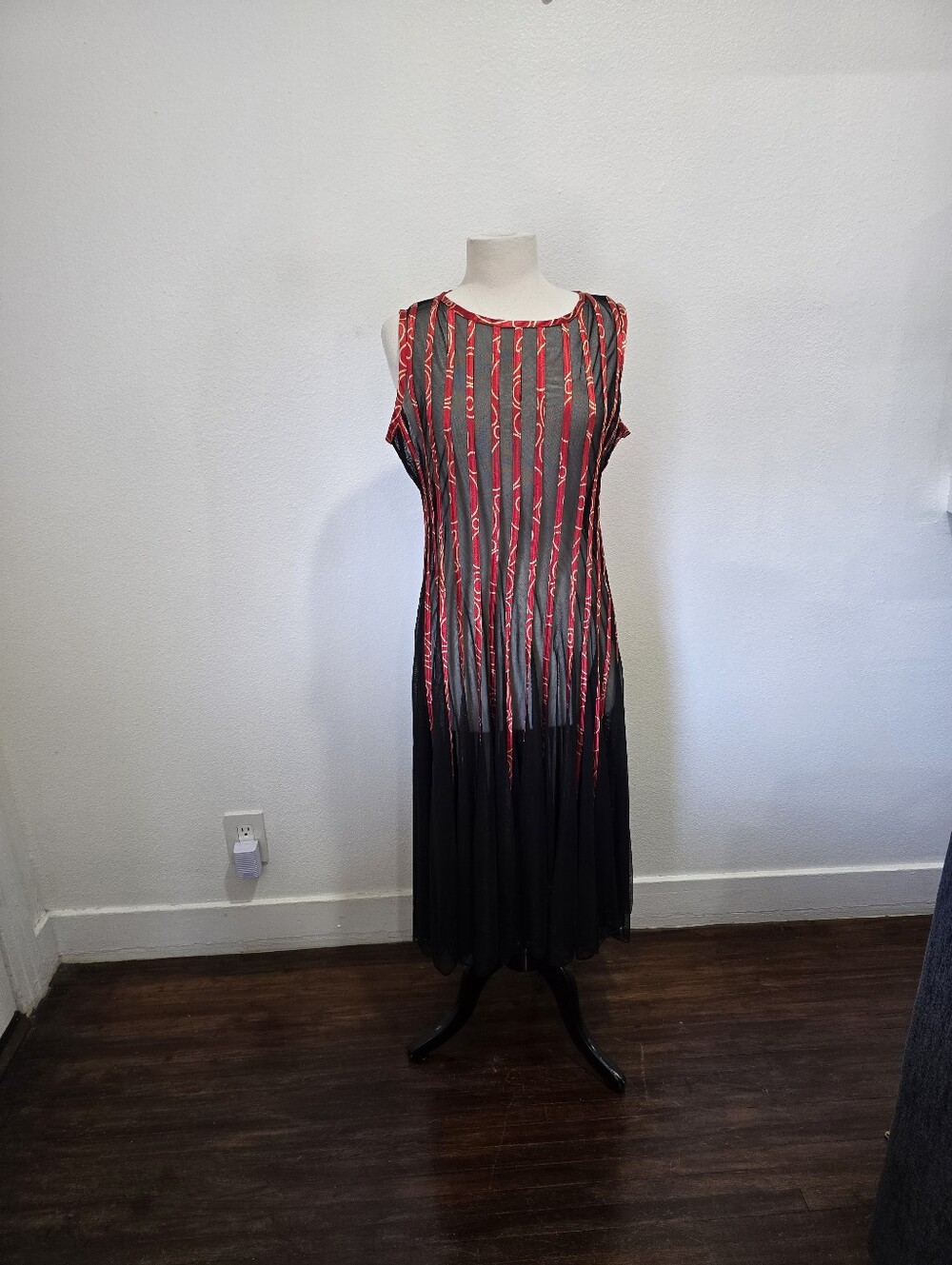 Vintage Michael K Sleeveless Black Midi Dress with Red Vertical Accents